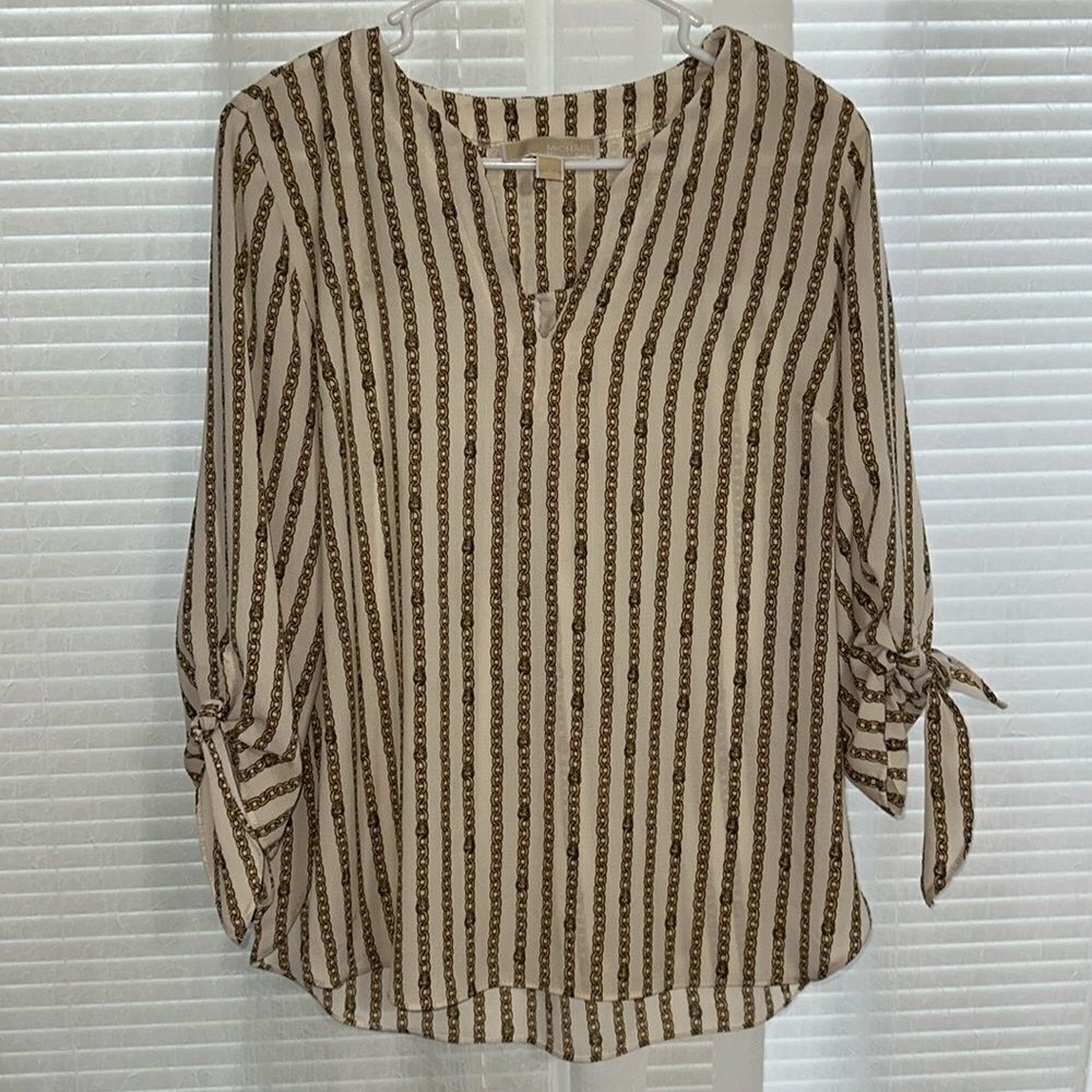 Michael Kors L Ivory Bone Gold Twist Tie Sleeve MK Logo Chainlink V-Neck Blouse